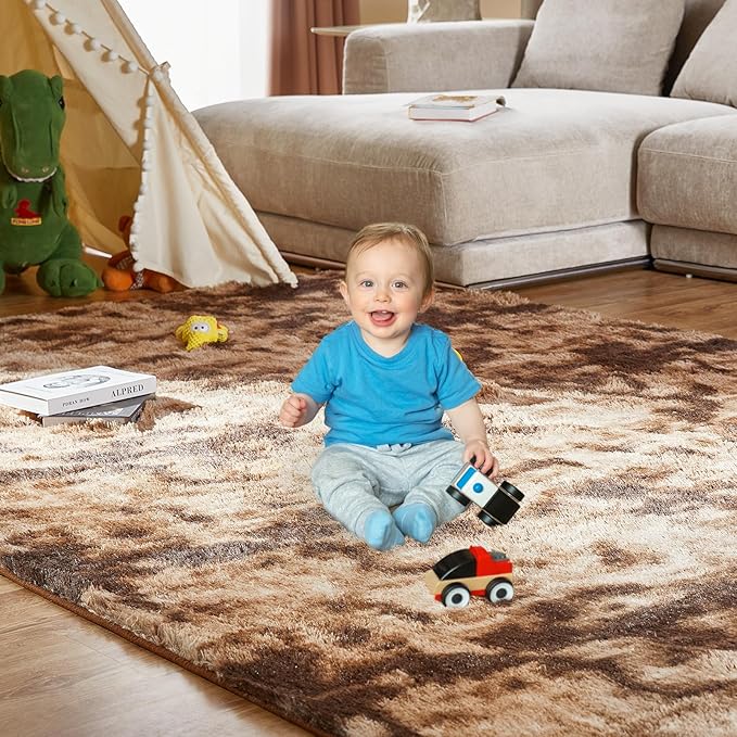 KNZE 8' x 10' Brown Modern Shag Area Rug, Luxuriously Plush, High Pile, Fluffy, Washable, Non Slip, Fade Resistant, Rectangular, Indoor, Bedroom, Living Room, Playroom, Dorm Room