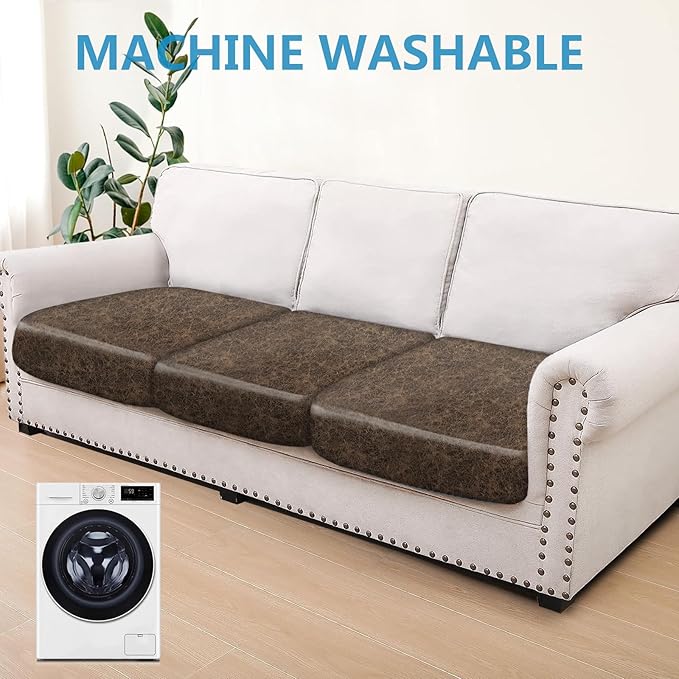 Leather Look Couch Cushion Covers Sofa Seat Slipcovers Sets Couches Furniture Protector for Sectional Armchair Loveseat Pets Kids Stretch Spandex Fabric (3 Cushion Sofa, Taupe)