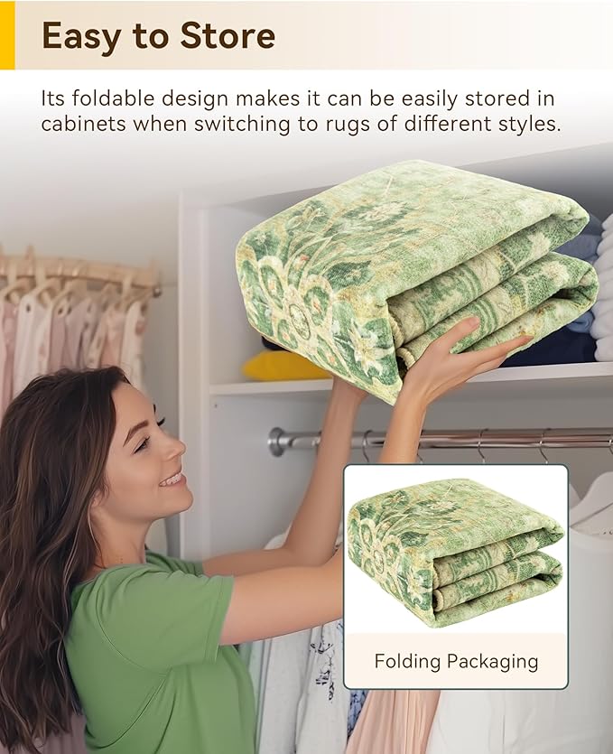 Area Rugs 8ft Washable Non-Slip, Floral Vintage Distress Print Pattern Medallion Carpet for Living Room Bedroom Dining Room, Sage Green Yellow