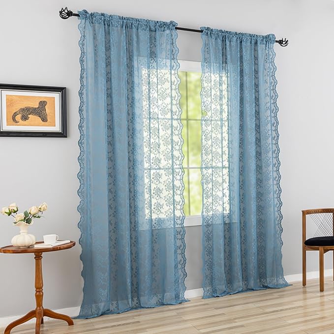 YJ YANJUN Vintage Lace Curtains 102 Inches Long-Victorian Floral Pattern Dusty Blue Boho Floor to Ceiling Sheer Curtain Panels Light-Filtering Rustic Farmhouse Neutral Decor 2 Panels 52W x 102L