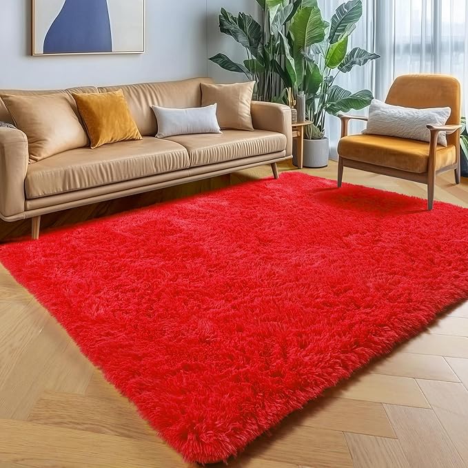 ONASAR Red Area Rugs for Bedroom Living Room, Fluffy 4x6 Indoor Bedside Floor Throw Rug, Soft Plush Shaggy Carpet for Nursery Kids Girls Boys Teen Dorm Home Office Decor Aesthetic