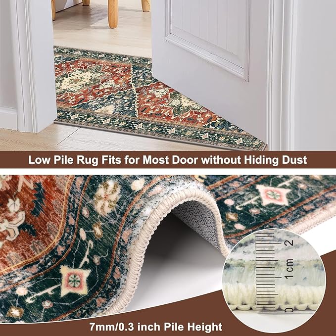 Yamaziot Washable Runner Rug, 3x6 Non-Slip Boho Vintage Hallway Rug with Rubber Backing, Low Pile Faux Wool Distressed Carpet Runner for Bedroom, Kitchen, Laundry, Entrance