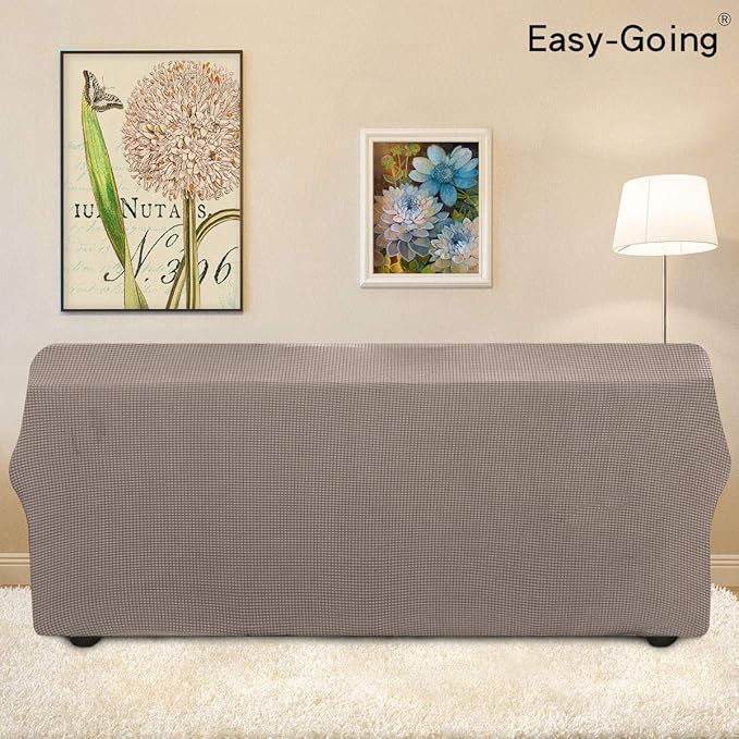 Easy-Going Stretch 4 Seater Sofa Slipcover 1-Piece Sofa Cover Furniture Protector Couch Soft with Elastic Bottom for Kids, Polyester Spandex Jacquard Fabric Small Checks Taupe