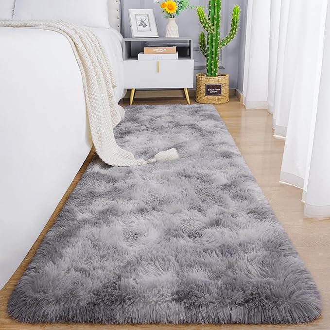 Chicrug Soft Runner Rugs for Bedroom Living Room Plush Fluffy Rug 2x8 Feet, Shag Furry Area Rug Carpet Non Shedding for Nursery Children Kids Girls Room Home Decorative, Grey and White