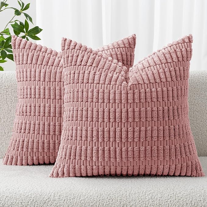 MIULEE Pack of 2 Corduroy Decorative Throw Pillow Covers 20x20 Inch Soft Boho Striped Pillow Covers Modern Farmhouse Home Decor for Sofa Living Room Couch Bed Blush Pink Spring Valentine Decor