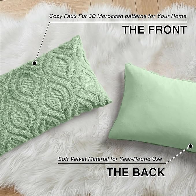 decorUhome Throw Pillow Covers 12x20 Inch Set of 2, Soft Plush Faux Wool Sage Green Solid Couch Pillow Covers, Accent Farmhouse Neutral Rectangle Pillow Cases for Sofa Bed Living Room