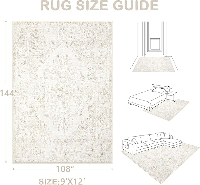 9x12 Area Rugs for Living Room:Washable Rug Vintage Large Rugs Soft Non Slip Low Pile Rug Floral Distressed Floor Carpet for Bedroom Dining Room Home Office (Beige,9'x12')