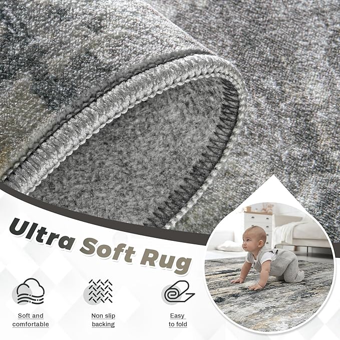 Area Rugs 5x7 for Living Room: Washable Rug Modern Abstract Neutral Soft Non-Slip Low-Pile Indoor Carpet for Bedroom Dining Room Playroom Home Office (Black Grey Brown, 5'x7')