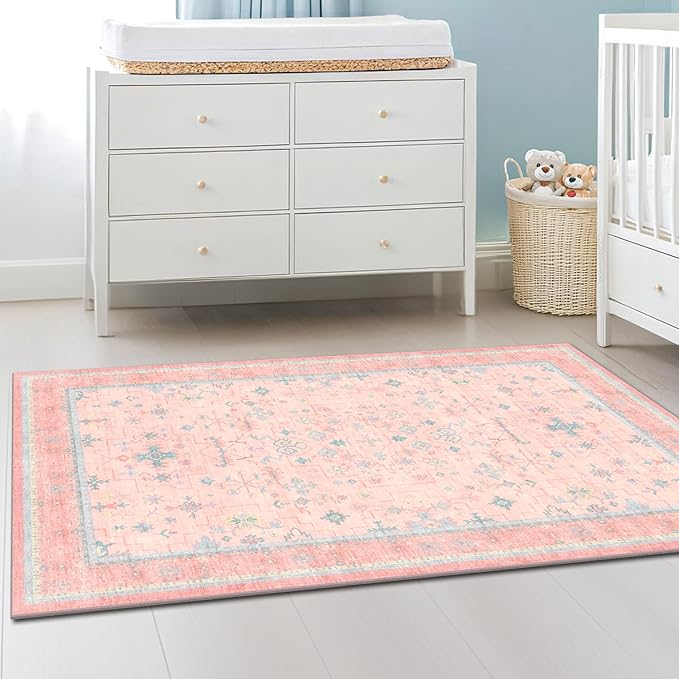 Washable 3x5 Pink Rugs for Girls Bedroom Beside Bed, Nursery Rug, Soft Faux Wool Low Pile Non Slip Stain Resistance Carpet, Pink & Blue