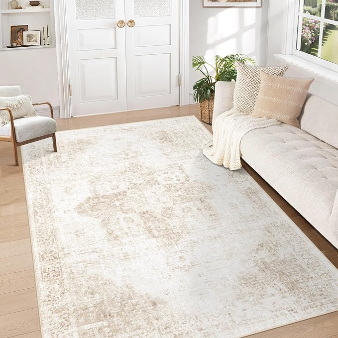 Area Rug 5x7 Washable Rug, Vintage Boho Medallion Rugs Non-Slip Soft Low Pile Large Distressed Rug Indoor Retro Carpet for Living Room Bedroom Dining Room Home Office (Beige, 5'x7')