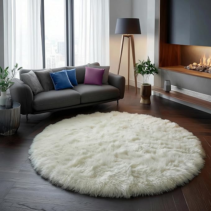 Amdrebio Ivory White Round Circle Rug 6Ft for Kids Bedroom Aesthetic, Big Shag Fluffy Fuzzy Boho Area Rugs for Living Room, Circular Plush Soft Shaggy Cream Carpet for Baby Nursery Teen Girls Boys