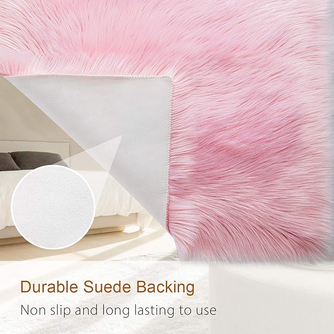 LOCHAS Soft Fluffy Faux Fur Rugs for Bedroom Bedside Rug 2x5 Feet, Washable, Furry Sheepskin Area Rug for Living Room Girls Room, Luxury Shag Carpet Home Decor, Pink
