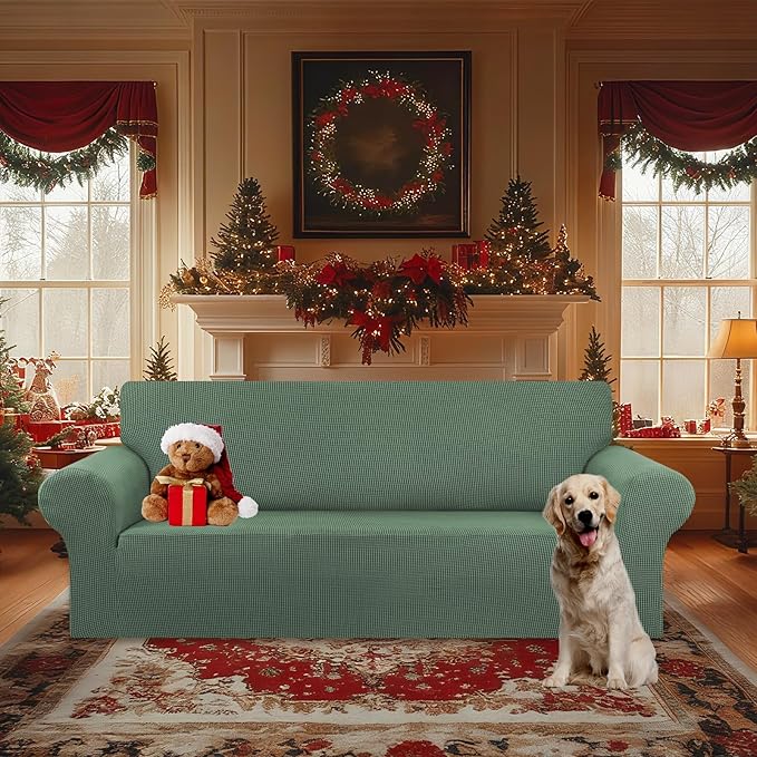 KEKUOU Stretch Oversized Sofa Slipcover 1 Piece Couch Sofa Cover (94"-110") Furniture Protector 4 Seater Sofa with Elastic Bottom for Kids,Pet.Jacquard Checked Pattern Fabric(X Large,Greyish Green)