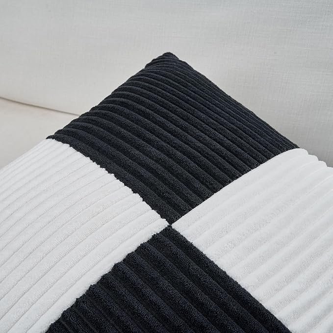 Fancy Homi Set of 2 Black White Euro Decorative Throw Pillow Covers 26x26 Inch for Bedroom Couch Bed, Farmhouse Boho Home Decor, Soft Cross Corduroy Patchwork Textured Square Cushion Case 66x66 cm