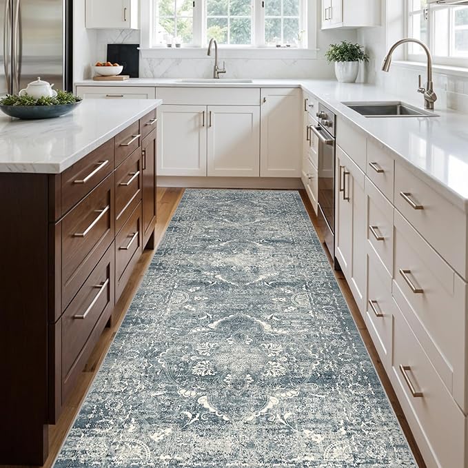 4x10 Washable Hallway Runner Rug - Wide Kitchen Runners Vintage Low Pile Carpet Soft Thin Floor Runner with Rubber Backing for Entryway Bedroom Living Room Home Decor (Blue)