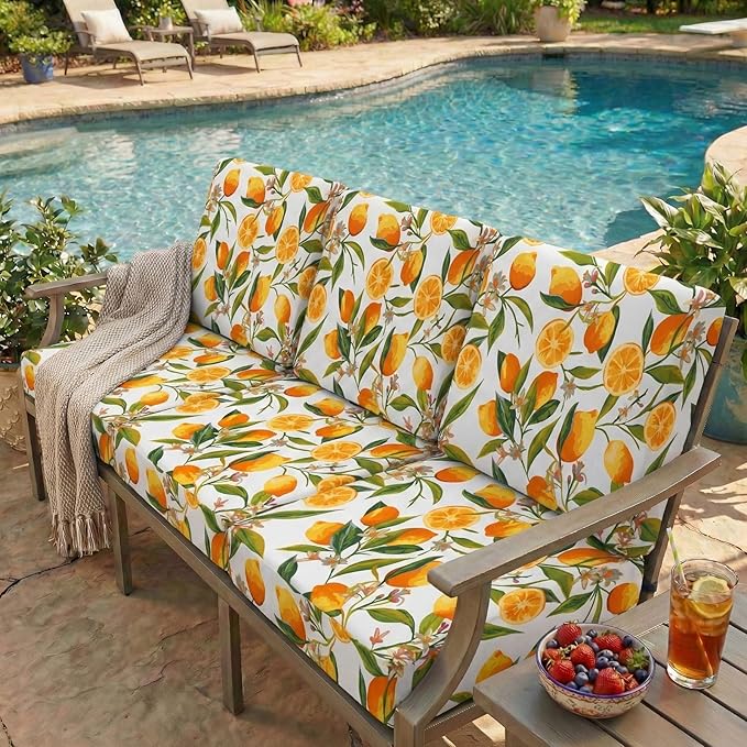 hyha Printed Couch Cushion Covers, Floral Sofa Covers Washable for 2 Cushion Couch, Stretch Pattern Outdoor Cushion Covers for Patio Furniture with Elastic Bottom(2 Packs, Lemon)