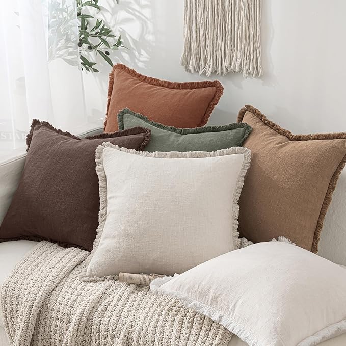 MIULEE Decorative Throw Pillow Covers Neutral Linen Fringe Throw Pillows Set of 2 Dark Brown Boho Farmhouse Cushion Covers with Tassels for Couch Sofa Bed Living Room Spring Decor 20x20 Inch