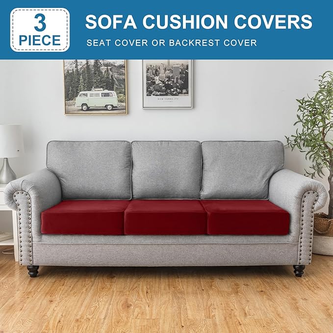 Couch Cover Stretch Velvet Sofa Cushion Cover 3-Piece - Elastic Washable Slipcover for Seat or Backrest, Couch Seat Covers for Sofas (Christmas Red)