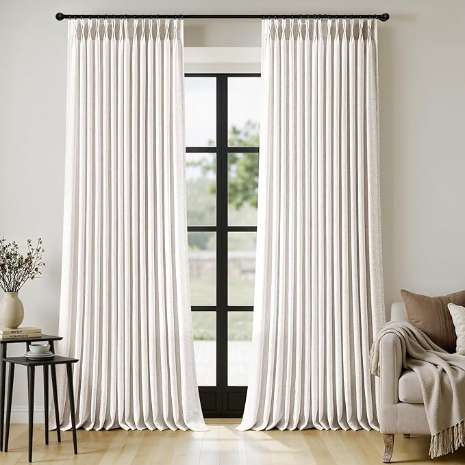 MIULEE 102 Inches Long Pinch Pleated Thick Linen Curtains 2 Panels for Living Room Bedroom, Memory Trained Linen Textured Drapes Pleat Back Tab Light Filtering Boho Natural Window Curtains with Hooks