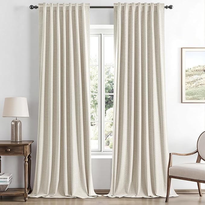 MIULEE 100% Blackout Linen Curtains for Bedroom, Linen Beige Solid Luxury Decor Thermal Insulation Room Darkening Drapes for Living Room Nursery Back Tab Rod Pocket 42 x 96 Inches, 2 Panels