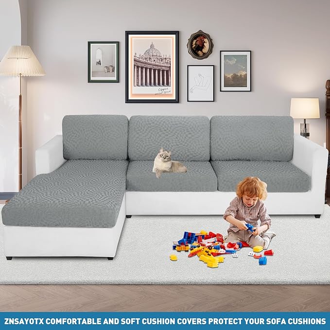 2025 Stretch Chaise Covers for Sectional Sofa, Individual Chaise Lounge Cover Removable Washable, L-Shaped Couch Seat Cover Replacement, Unique Fashion Pattern Soft Cozy Durable (Chaise, Light Gray)