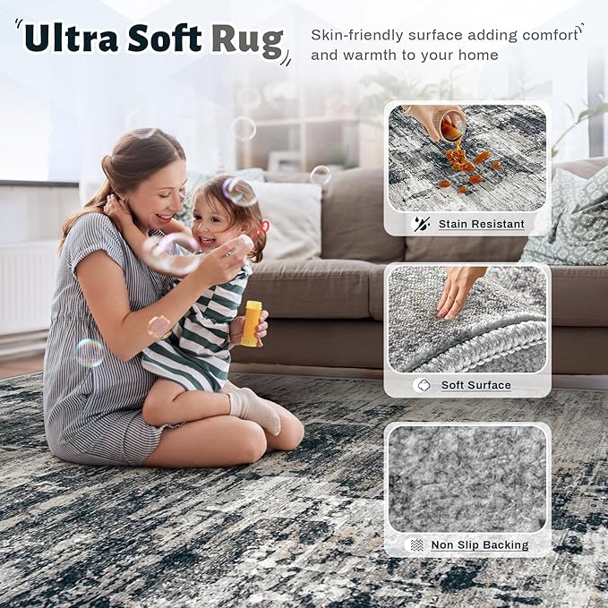 10x14 Area Rugs for Living Room, Washable Modern Abstract Large Area Rug Neutral Soft Non Slip Kids Rug Stain Resistant Indoor Carpet for Bedroom Dining Room Playroom Office(BlackGrey, 10'x14')