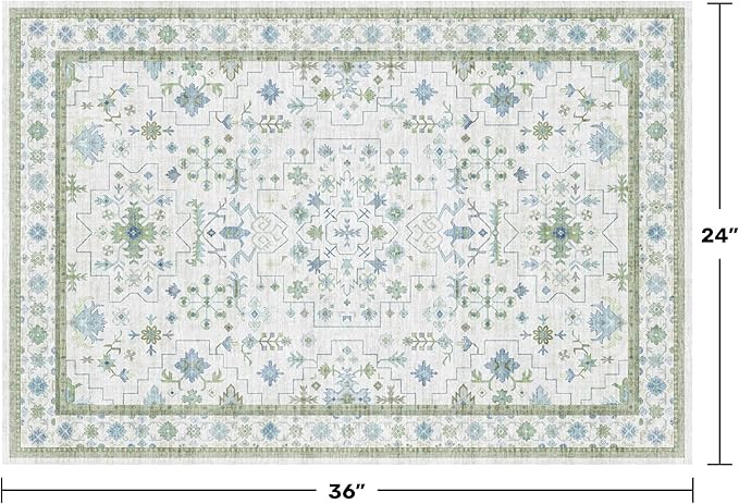 Washable Boho Bathroom Rug 2x3 - Small Throw Area Rugs for Powder Room, Laundry, Kitchen, Blue and Green Oushak Modern Eclectic Geometric Floral Pastel Decor, Low Pile Non-Slip Stain Resistant