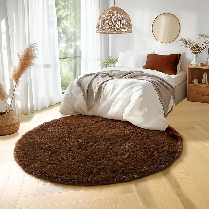 Amdrebio Dark Brown Round Circle Rugs 5Ft for Bedroom, Fluffy Shag Plush Area Rugs for Kids Room, Living Room Decor Aesthetic, Fuzzy Fur Floor Chocolate Coffee Carpet for Playroom Dorm Baby Nursery