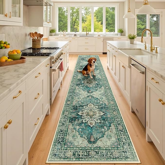 Area Rugs 3'x10' Runner Rug Non Slip Washable for Kitchen Hallway Bedroom Beside Laundry Room Bathroom Rug, Floor Carpet, Dark Blue Vintage
