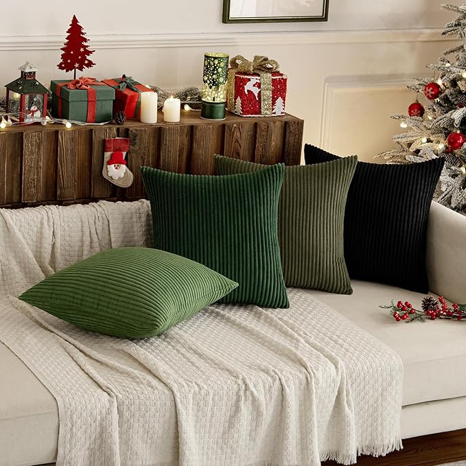 MIULEE Boho Farmhouse Throw Pillow Covers 18x18 Inch Set of 4 Mordern Neutral Green Cushion Covers Soft Corduroy Nordic Home Decor for Spring Couch Bed Sofa Living Room Green-Black