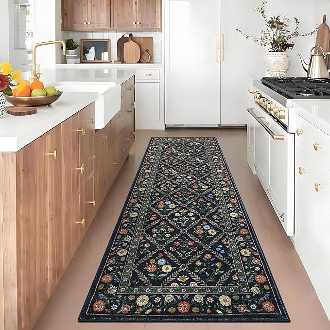 Washable Kitchen Rugs Non Slip 2x6 Hallway Runner Rug Stain Resistant Low Pile Floral Floor Rug with Rubber Backing Non Shedding Runners for Indoor Entryway Bedside Bedroom Farmhouse RV Navy&Black