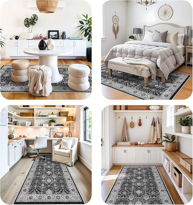 4x10 Washable Hallway Runner Rug: Oriental 10ft Extra Wide Ultra Soft Runners for Living Room Bedroom Stain Resistant Low Pile Carpet for Entryway Ktichen Thin Non Slip Bathroom Floor Mat(Black,4x10)