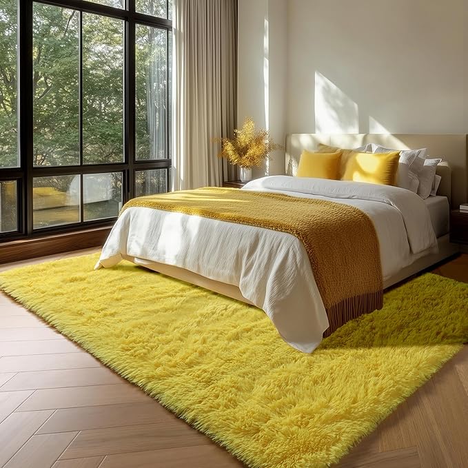 ONASAR Yellow Rugs for Living Room Bedroom, 5x8 Fluffy Bedside Area Rug, Soft Plush Shaggy Indoor Floor Carpet for Nursery Kids Girls Boys Teen Dorm Home Office Decor Aesthetic