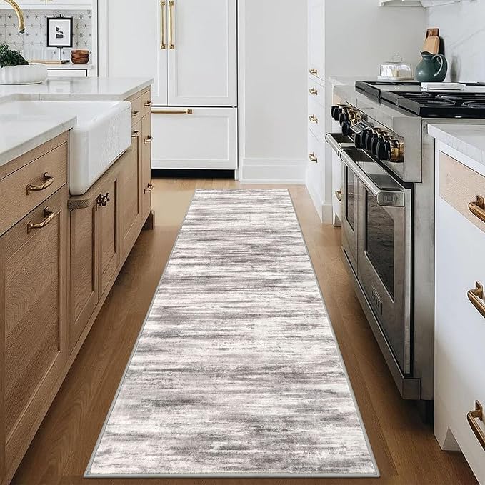 KOZYFLY Modern Abstract Hallway Runner Rug, 2.6x8 Washable Rug Runner Non-Slip Soft Striped Kitchen Runner Rugs, Print Grey/Light Beige/Brown Carpet Runner for Entryway Bathroom