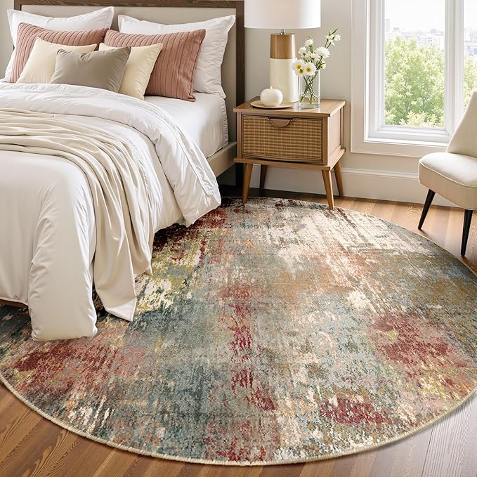 Washable Area Rugs 8ft Non-Slip Modern Abstract Soft for Living Room Entryway Bedroom Nursery, Print Pattern, Brown Rust Red Green Blue Multi