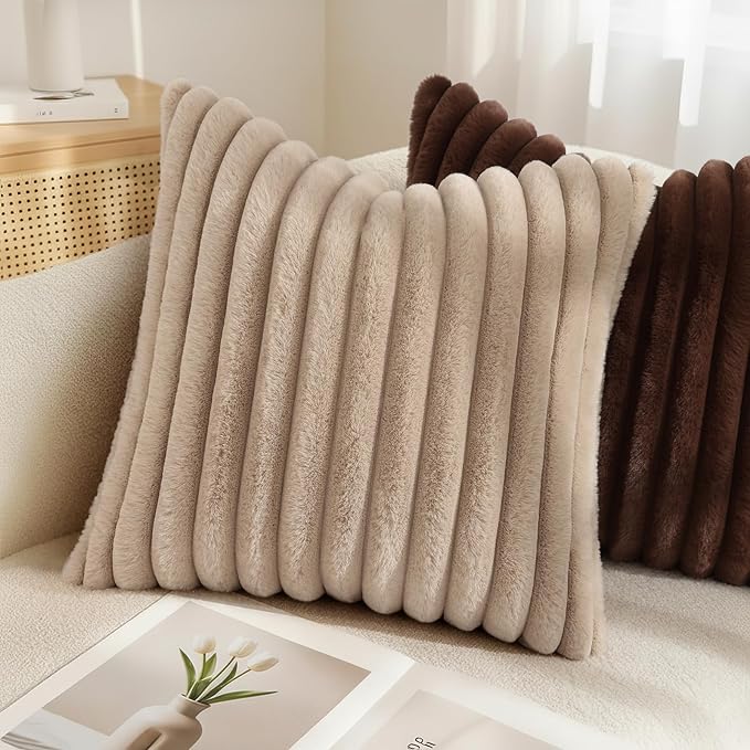 decorUhome Cozy Faux Fur Throw Pillow Covers 12x20 Set of 2 Decorative Soft Plush Striped Lumbar Modern Farmhouse Boho Couch Pillow Cases with Velvet Back for Sofa Bed Living Room, Khaki Brown