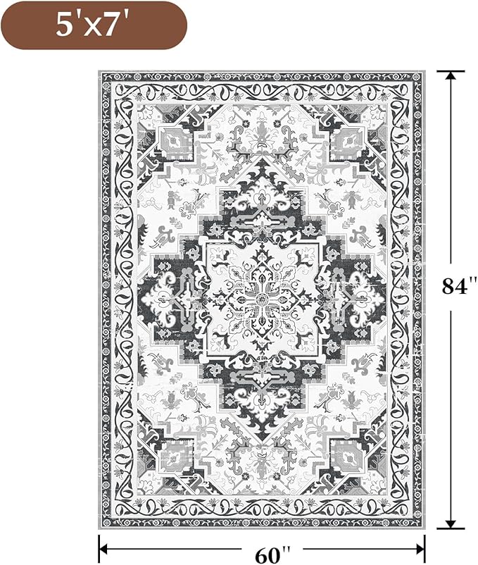 Rugflix 5x7 Area Rug for Living Room, Machine Washable Area Rugs with Non-Slip Backing, Large Soft Boho Vintage Rug for Bedroom, Dining Room, Low Pile Carpet, Kids Pet Friendly, Grey
