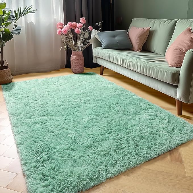 ONASAR Sage Green 3x5 Rugs for Bedroom, Fluffy Bedside Area Rug, Soft Plush Shaggy Small Floor Throw Carpets for Living Room Preppy Dorm Teen Kids Girls Boy Baby Nursery Home Decor Aesthetic