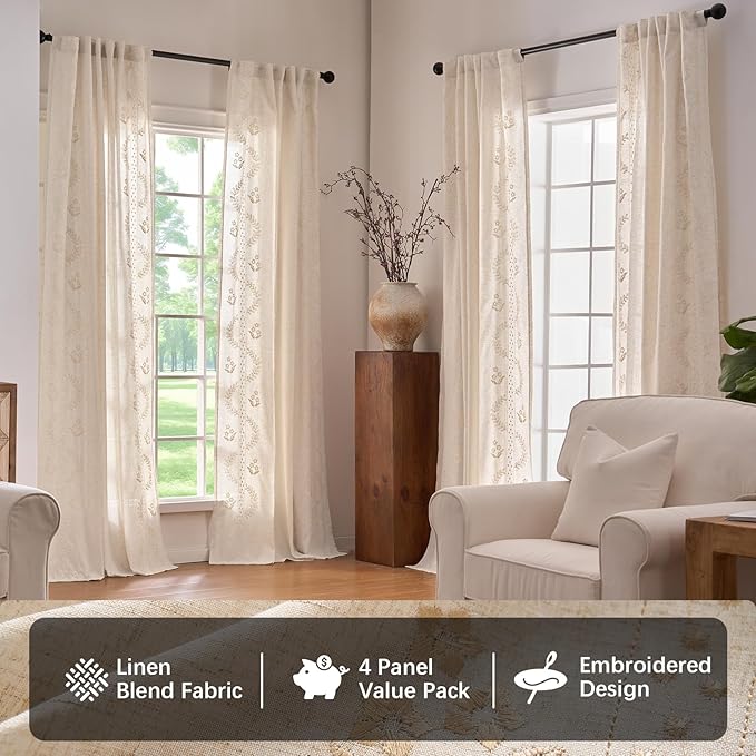 jinchan Belrose 4 Panel Curtains Set 90 Inch Length Floral Curtains Linen Blend Beige Embroidered Drapes Farmhouse Flower Patterned Drapes for Living Room Bedroom Window Treatments Set of 4