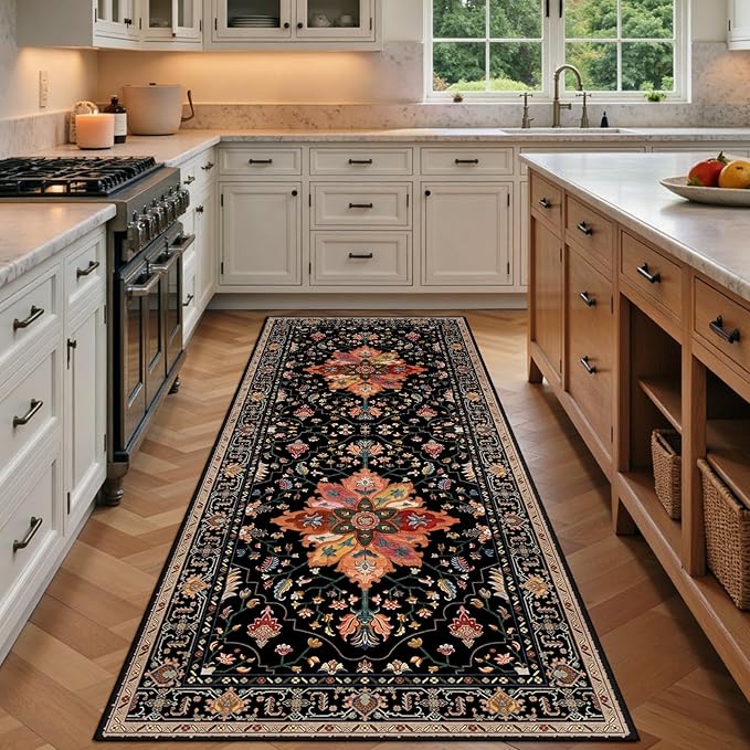 Area Rugs 3'x6' Runner Rug Non Slip Washable for Kitchen Hallway Bedroom Beside Laundry Room Bathroom Rug, Floor Carpet, Black Colorful Floral Dark Tan