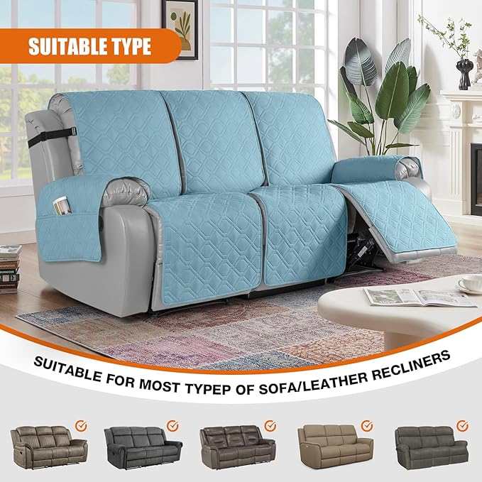 VANSOFY Waterproof Recliner Couch Covers, Sofa Covers 1-Piece Washable Reclining Sofa Cover Non-Slip Furniture Protector with Elastic Straps Pocket for Dogs, Pets(Azuree,3 Seater)