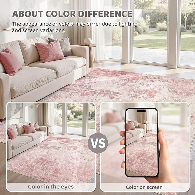 UERMEI 5x7 Area Rug Living Room Rugs Thickened - Washable Neutral Modern Abstract Soft Rug Indoor Floor No Slip Rug Carpet for Bedroom Under Dining Table Home Office Decor - Pink