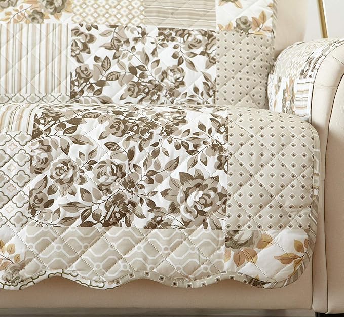Great Bay Home Reversible Patchwork Chair Cover - Washable Slipcover Furniture Protector with Elastic Straps - Perfect for Kids & Pets - Box-Stitched Detail (Taupe)