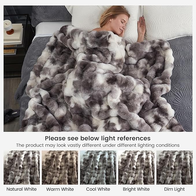 Cozy Bliss Faux Fur Throw Blanket for Couch, Fuzzy Soft Plush Thick Bubble Blanket for Sofa Bedroom Living Room, 50 * 60 Inches Tie-dye Taupe (Pack of 2)