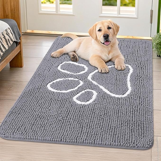 Smiry Dog Door Mat for Muddy Paws, Absorbent Dirt Trapper Non Slip Quick Dry Washable Chenille Mat for Mud Dogs, Entry Rug for Indoor and Outdoor (40x32 Inches, Grey and White)