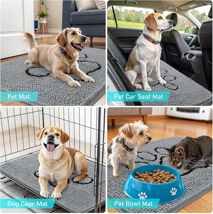 OLANLY Dog Door Mat for Muddy Paws 36x24, Paw Print Design, Absorbs Moisture and Dirt, Absorbent Non-Slip Washable Doormat, Quick Dry Chenille Mud Mat for Dogs, Entry Indoor Entryway Carpet, Grey