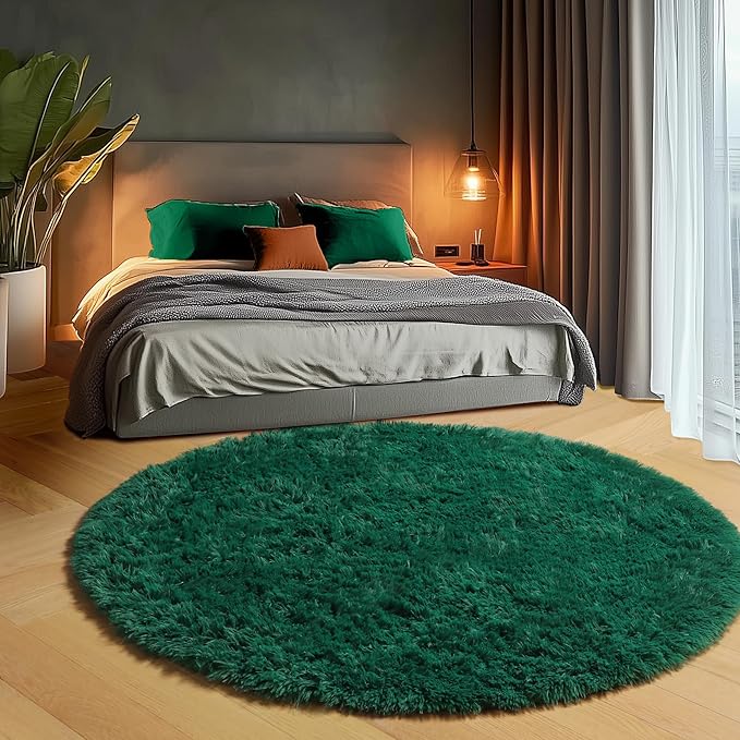 ONASAR Dark Green Round Area Rugs 6ft, Ultra Soft Bedroom Circle Rug for Kids Girls Teen Room, Furry Plush Shaggy Carpet Floor Mat for Baby Nursery Living Room Playroom Dorm Home Decor