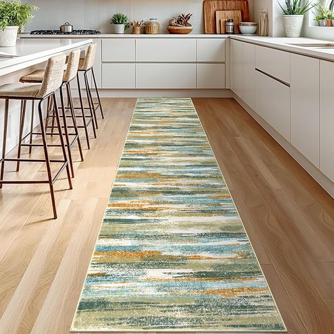 Lansny Modern Abstract Runner Rug 2.6x12, Green Mustard Multi Washable Long Kitchen Runner Non-Slip Soft Hallway Rug Runner Thin Print Faux Wool Carpet for Entryway Bedroom Laundry Room Indoor