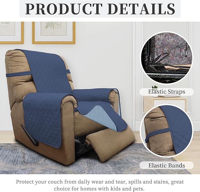 ISSUNTEX Double Protection 100% Waterproof Recliner Covers for Living Room, Reversible Furniture Protector Recliner Couch Sofa Slipcover for Dogs, Pets, Kids (Recliner, Dark Blue/Light Blue)