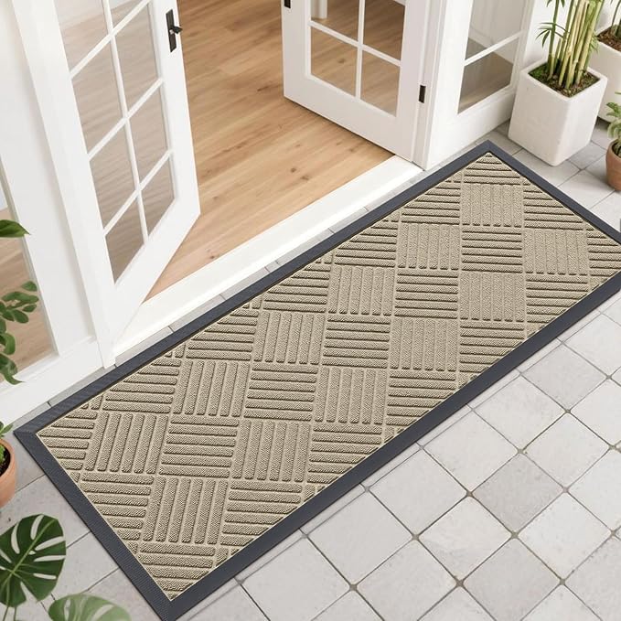 OLANLY Front Door Mat Outside Entrance 47x17, Absorbent, Heavy Duty Sturdy Natural Rubber Doormat Indoor Outdoor, Stain and Fade Resistant, Non-Slip Low Profile Floor Mat for Entryway, Beige Diamond